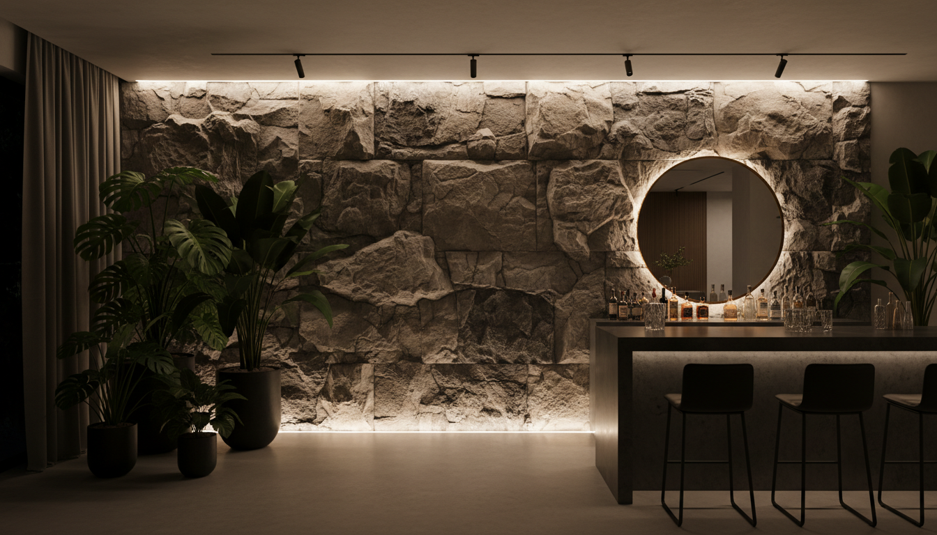 Mur en fausses pierres avec éclairage LED et bar moderne - Décoration intérieure haut de gamme par MM Art et Design